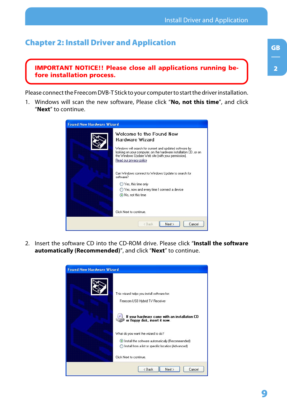 Chapter 2: install driver and application | Freecom Technologies DVB-T User Manual | Page 9 / 29