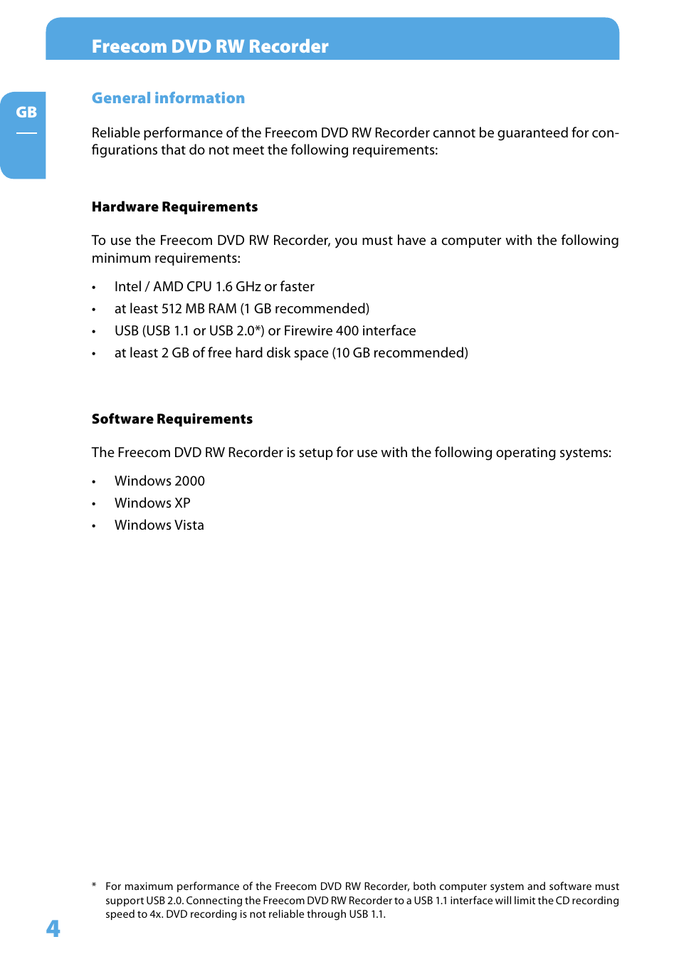 General information, Hardware requirements, Software requirements | Freecom dvd rw recorder | Freecom Technologies Firewire 400 User Manual | Page 4 / 14