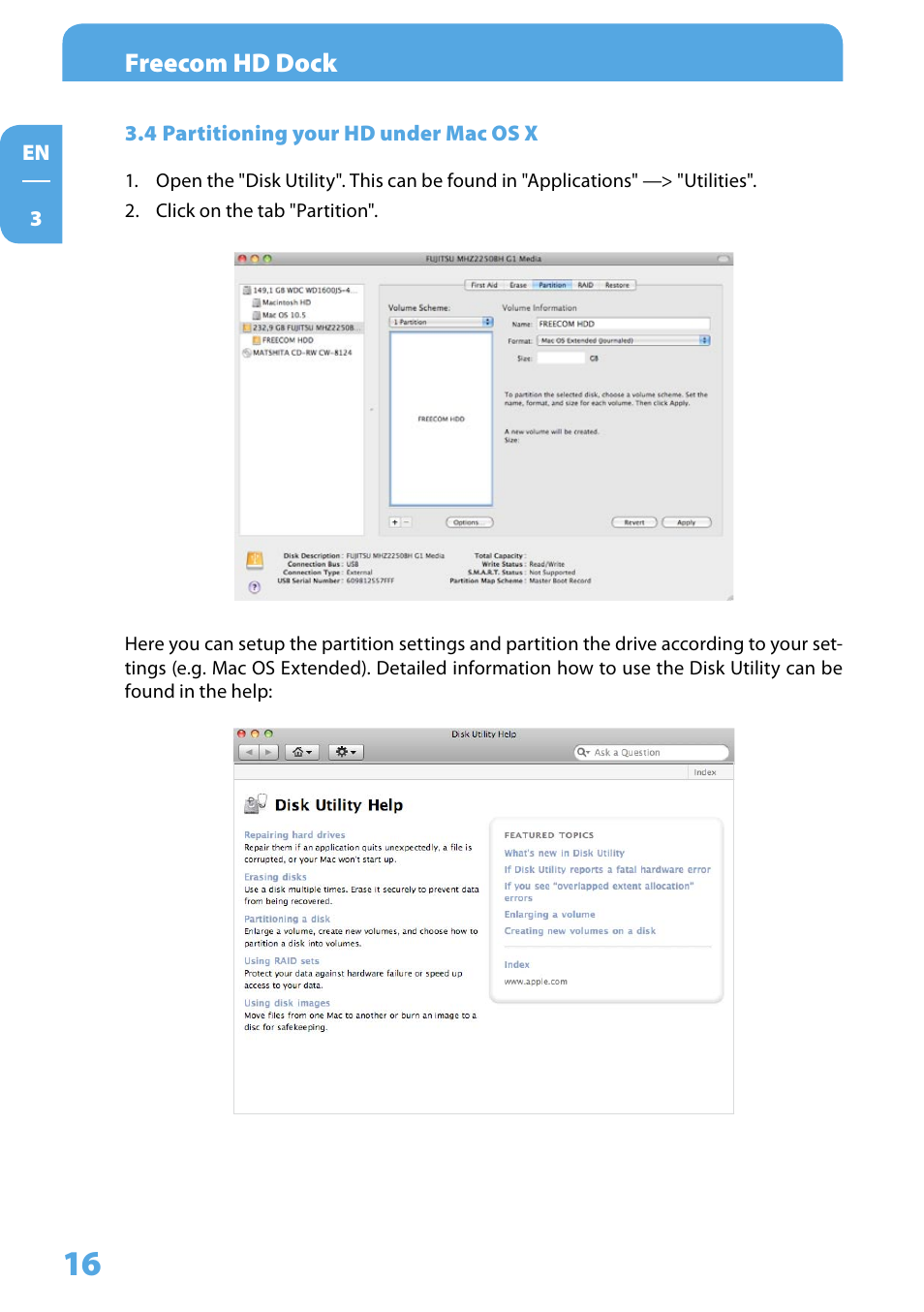 4 partitioning your hd under mac os x, Freecom hd dock | Freecom Technologies Hard Drive Dock User Manual | Page 16 / 18