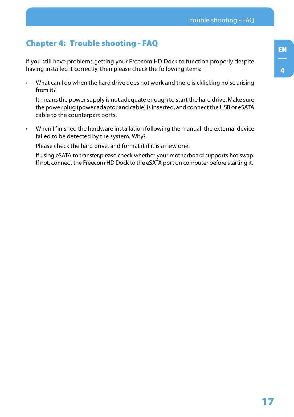 Chapter 4: trouble shooting - faq | Freecom Technologies Hard Drive Dock User Manual | Page 17 / 18