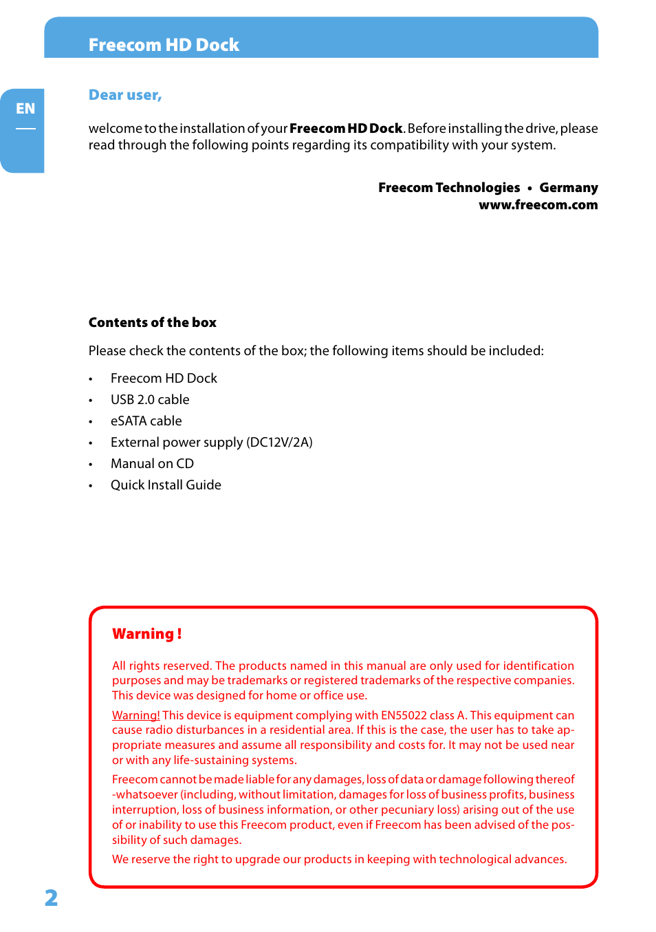 Dear user, Freecom hd dock | Freecom Technologies Hard Drive Dock User Manual | Page 2 / 18