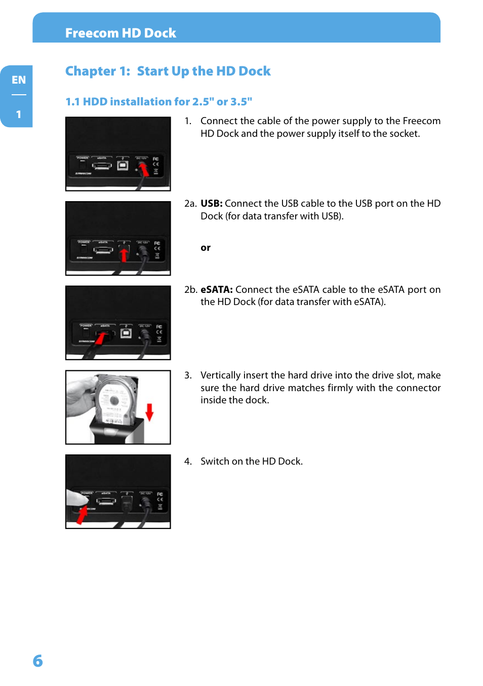 Chapter 1: start up the hd dock, 1 hdd installation for 2.5" or 3.5, Freecom hd dock | Freecom Technologies Hard Drive Dock User Manual | Page 6 / 18