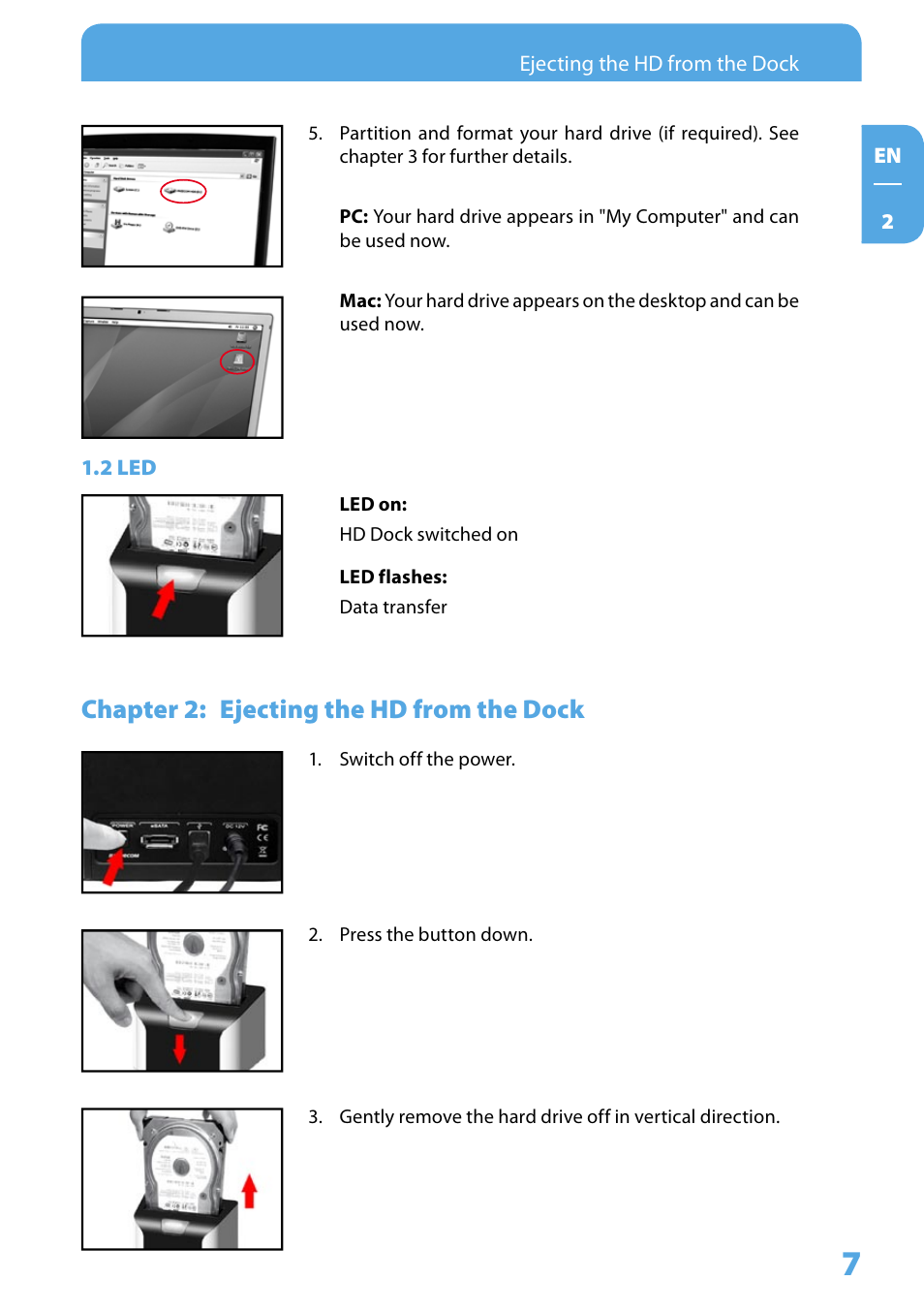2 led, Chapter 2: ejecting the hd from the dock, Chapter : ejecting the hd from the dock | Freecom Technologies Hard Drive Dock User Manual | Page 7 / 18