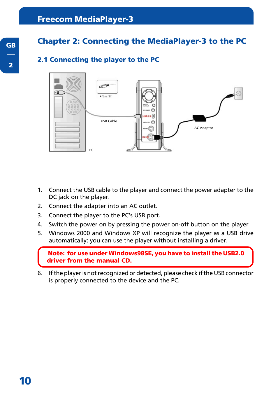 Chapter 2: connecting the mediaplayer-3 to the pc, 1 connecting the player to the pc, Freecom mediaplayer-3 | Freecom Technologies MediaPlayer3 User Manual | Page 10 / 41