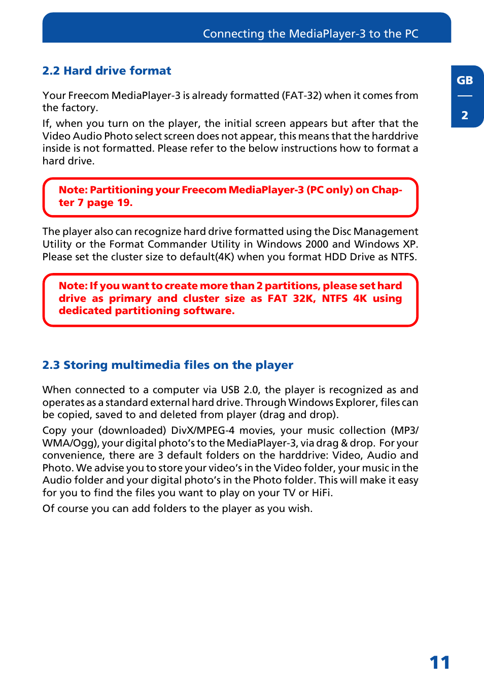 2 hard drive format, 3 storing multimedia files on the player | Freecom Technologies MediaPlayer3 User Manual | Page 11 / 41