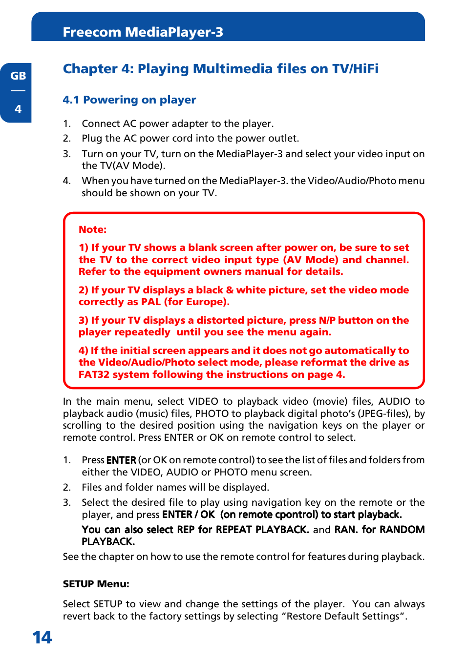 Chapter 4: playing multimedia files on tv/hifi, 1 powering on player, Freecom mediaplayer-3 | Freecom Technologies MediaPlayer3 User Manual | Page 14 / 41