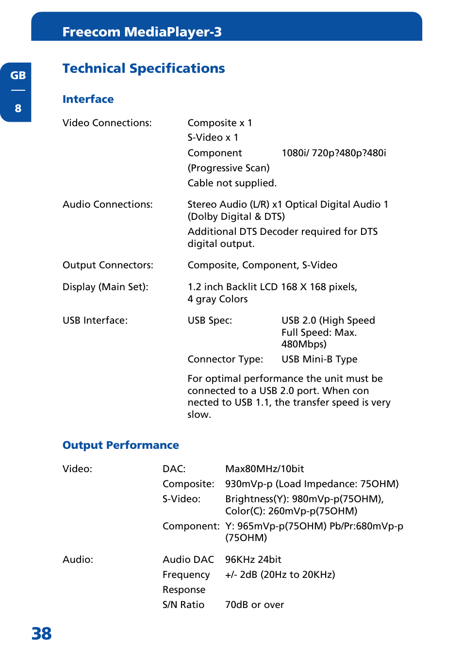 Technical specifications, Interface, Output performance | Freecom mediaplayer-3 | Freecom Technologies MediaPlayer3 User Manual | Page 38 / 41