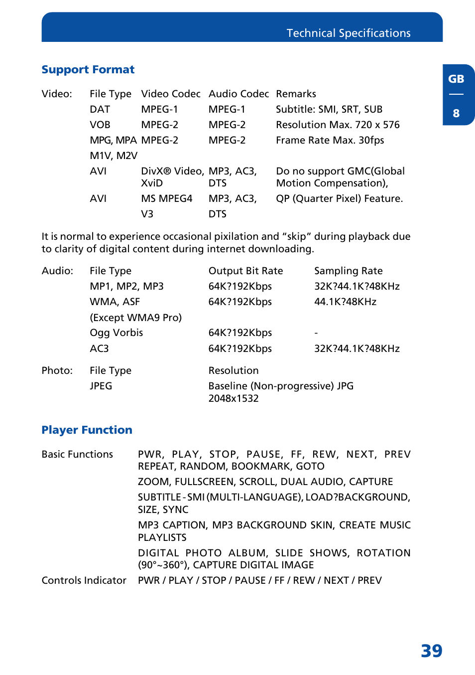 Support format, Player function | Freecom Technologies MediaPlayer3 User Manual | Page 39 / 41