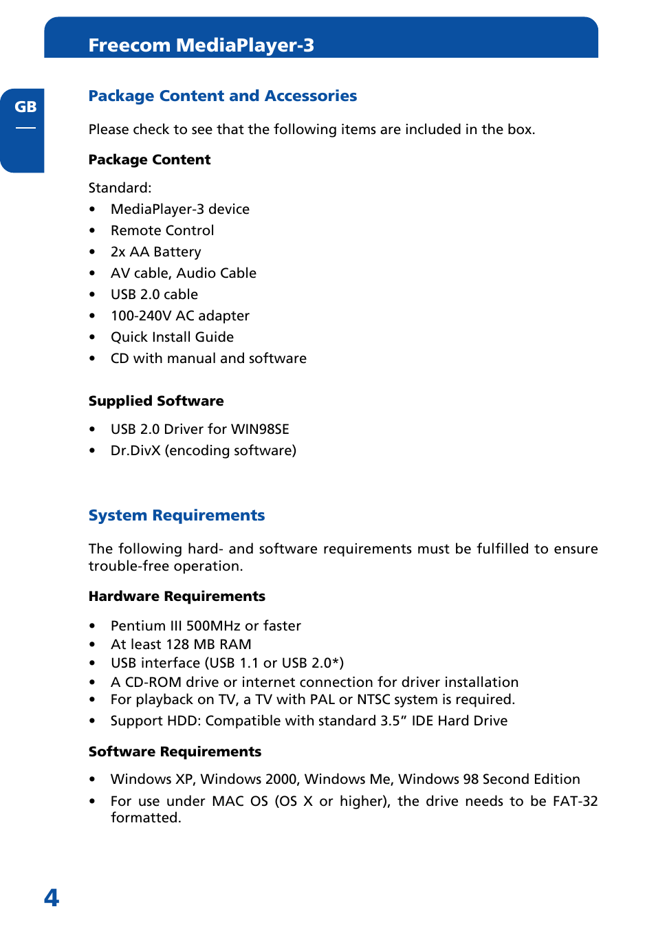 General information, Package content and accessories, System requirements | Freecom mediaplayer-3 | Freecom Technologies MediaPlayer3 User Manual | Page 4 / 41
