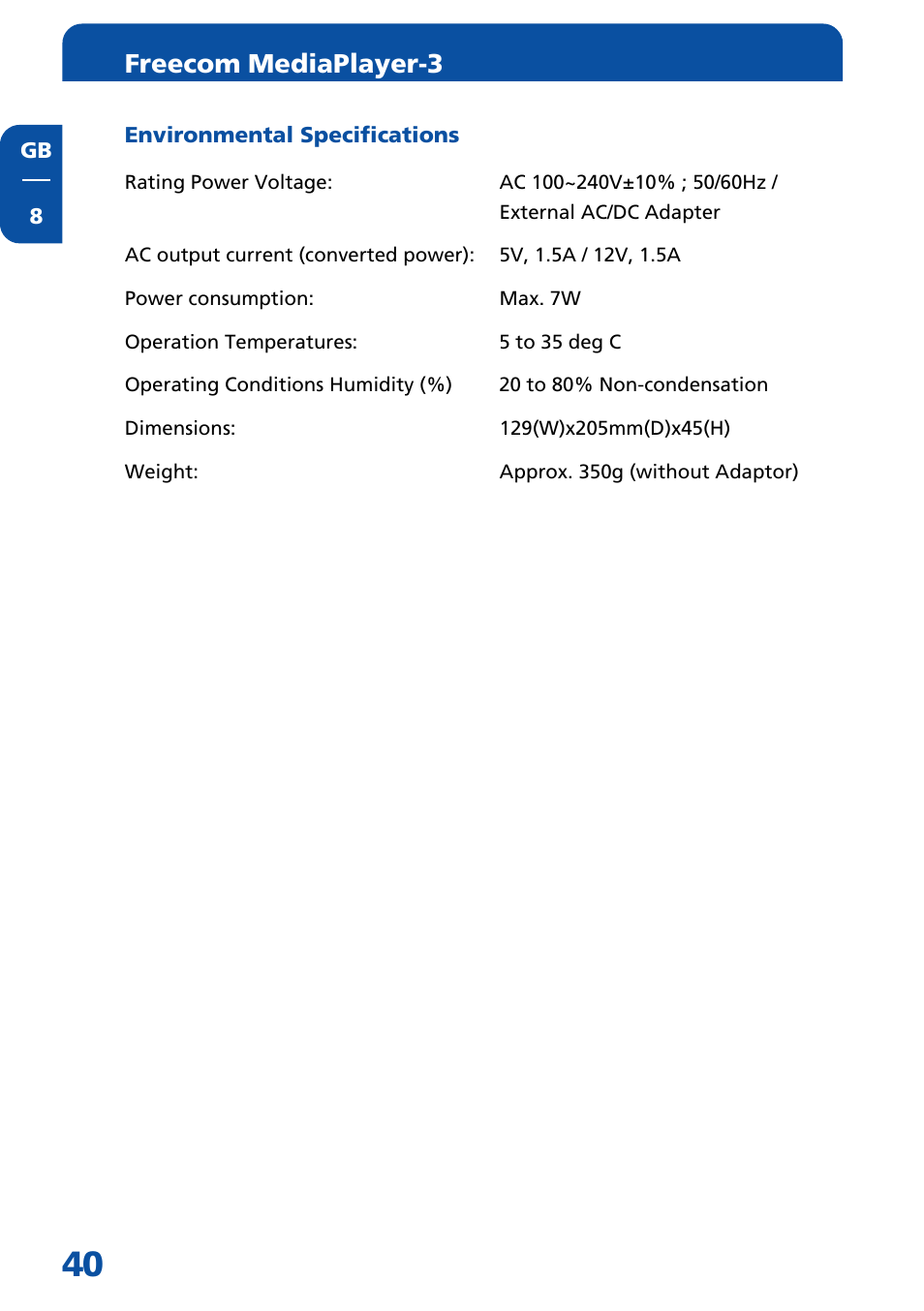 Environmental specifications, Freecom mediaplayer-3 | Freecom Technologies MediaPlayer3 User Manual | Page 40 / 41