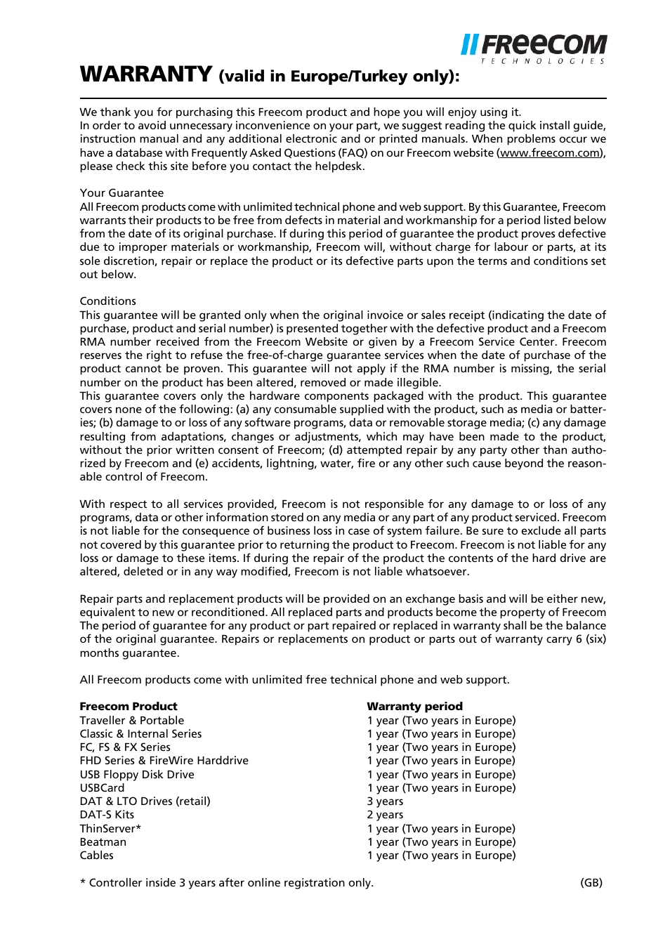 Warranty, Valid in europe/turkey only) | Freecom Technologies MediaPlayer3 User Manual | Page 41 / 41