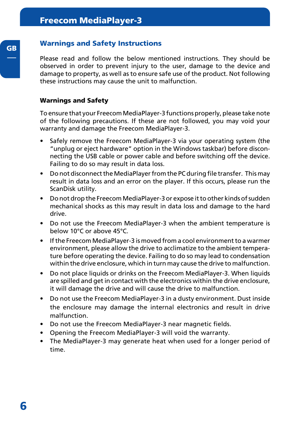 Warnings and safety instructions, Freecom mediaplayer-3 | Freecom Technologies MediaPlayer3 User Manual | Page 6 / 41