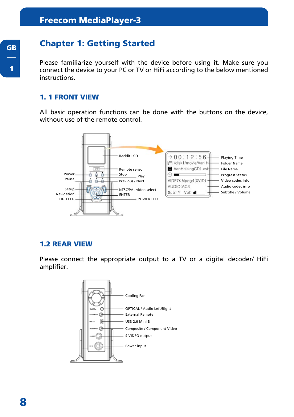 Chapter 1: getting started, 1 front view, 2 rear view | Freecom mediaplayer-3, Gb 1 | Freecom Technologies MediaPlayer3 User Manual | Page 8 / 41