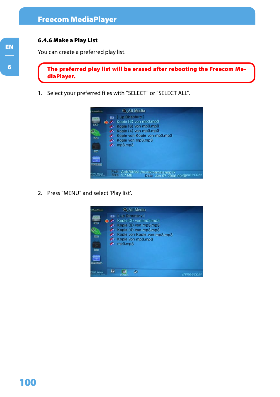 6 make a play list, Freecom mediaplayer | Freecom Technologies 350 User Manual | Page 100 / 107