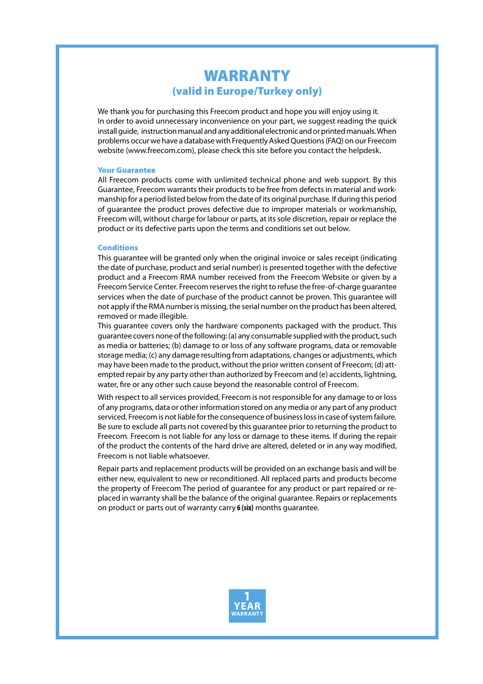 Warranty, Valid in europe/turkey only), Year | Freecom Technologies 350 User Manual | Page 107 / 107