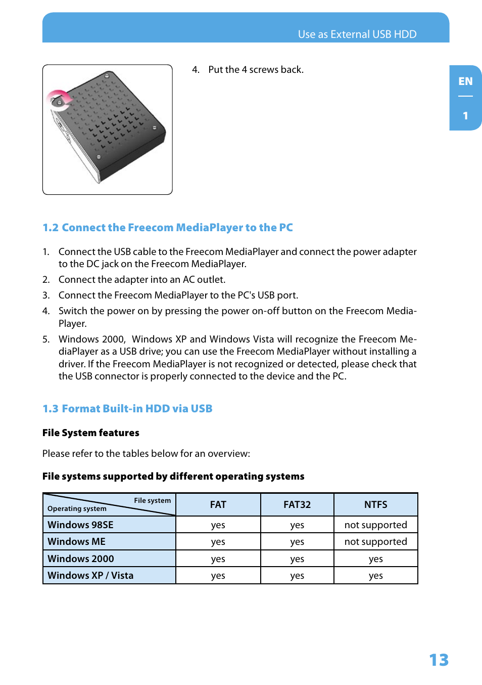 2 connect the freecom mediaplayer to the pc, 3 format built-in hdd via usb | Freecom Technologies 350 User Manual | Page 13 / 107