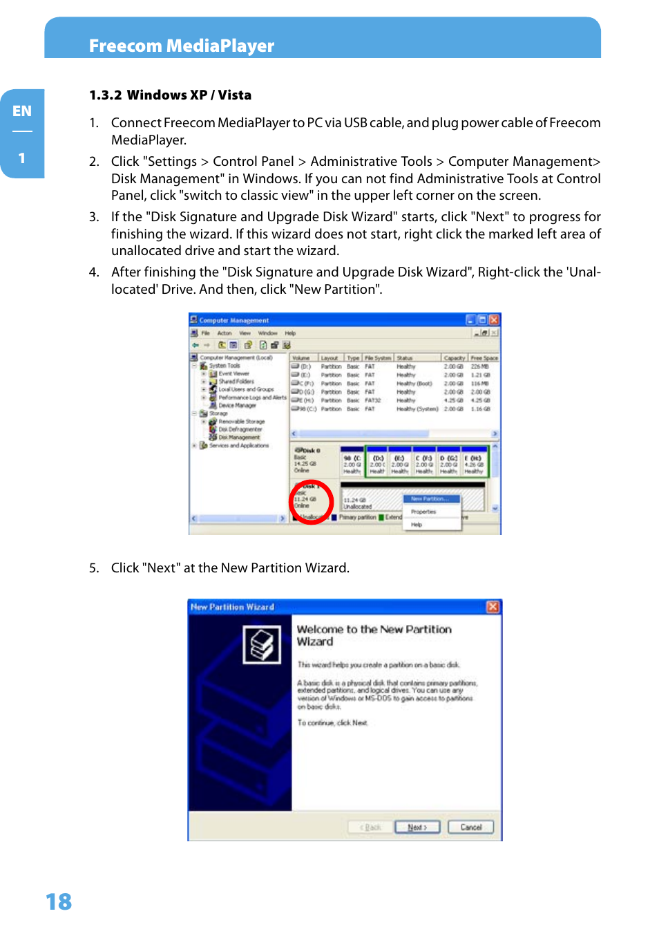 2 windows xp / vista, Freecom mediaplayer | Freecom Technologies 350 User Manual | Page 18 / 107