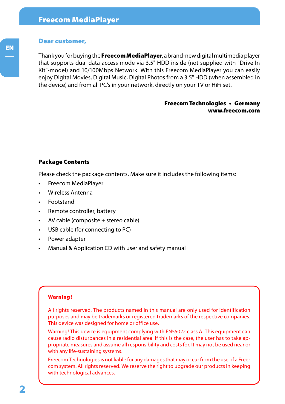Dear customer, Package contents, Warning | Freecom mediaplayer | Freecom Technologies 350 User Manual | Page 2 / 107