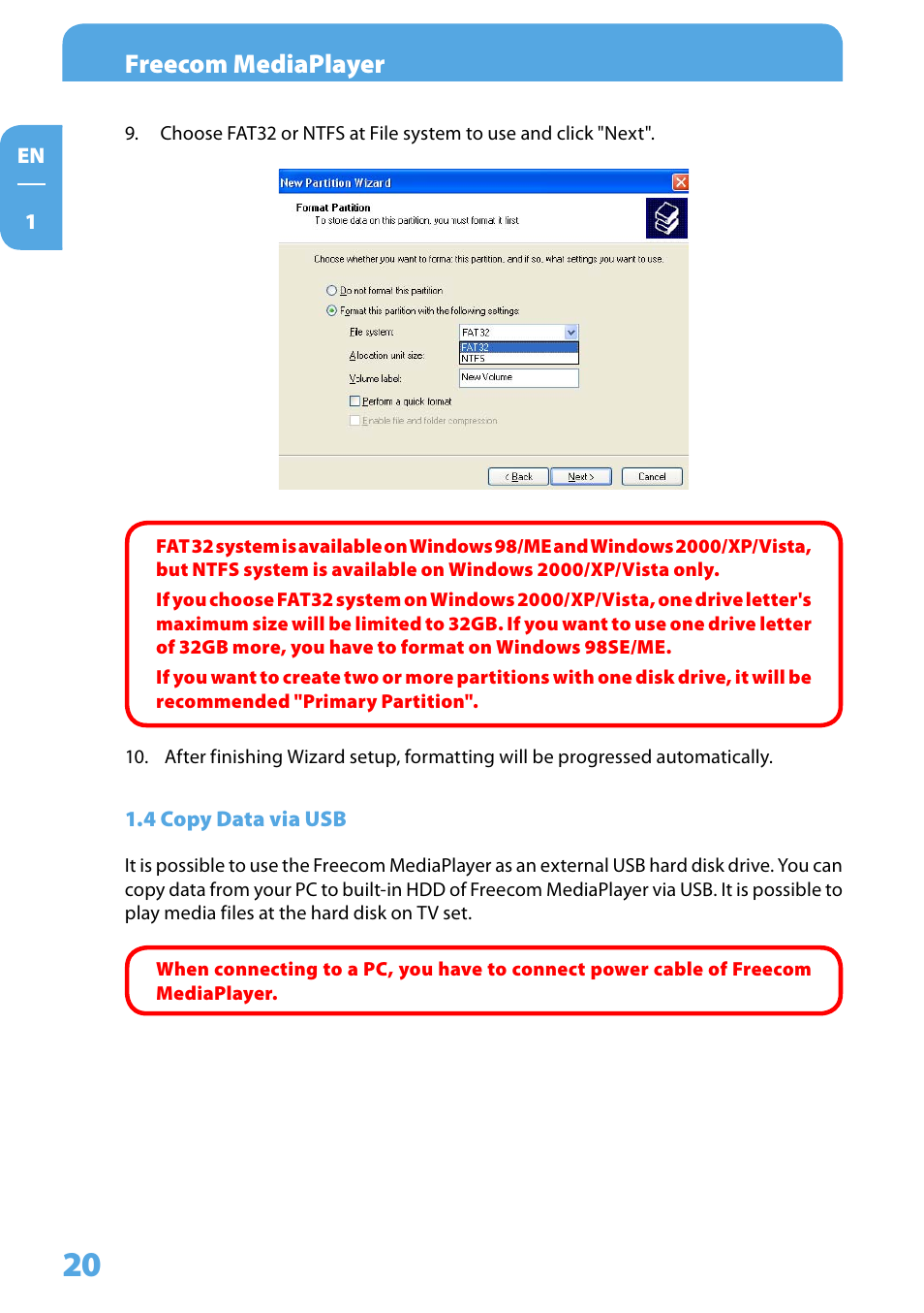 4 copy data via usb, Freecom mediaplayer | Freecom Technologies 350 User Manual | Page 20 / 107