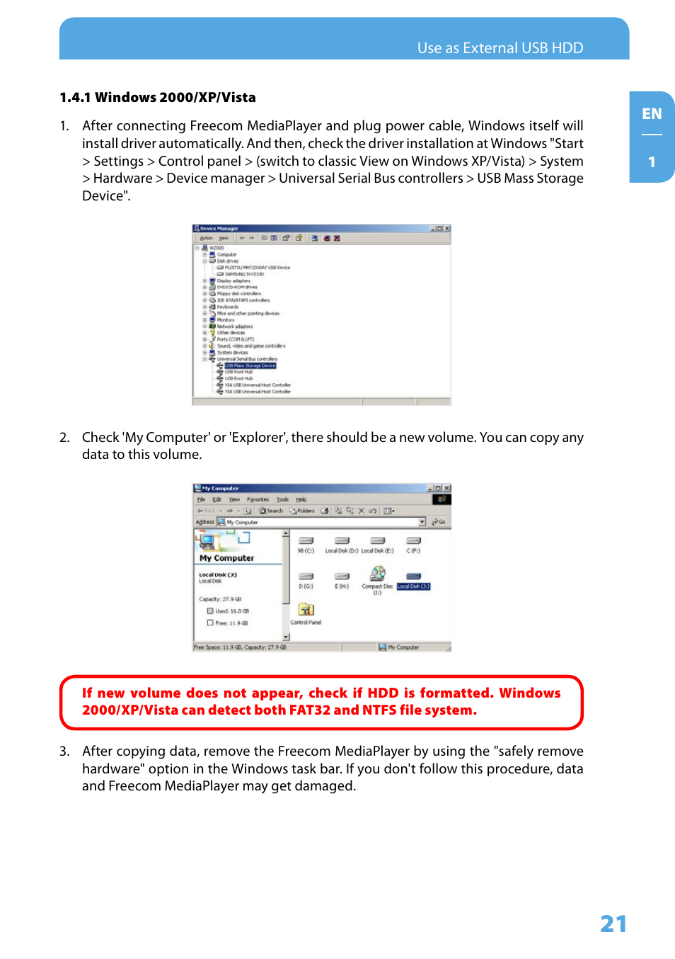 1 windows 2000/xp/vista | Freecom Technologies 350 User Manual | Page 21 / 107