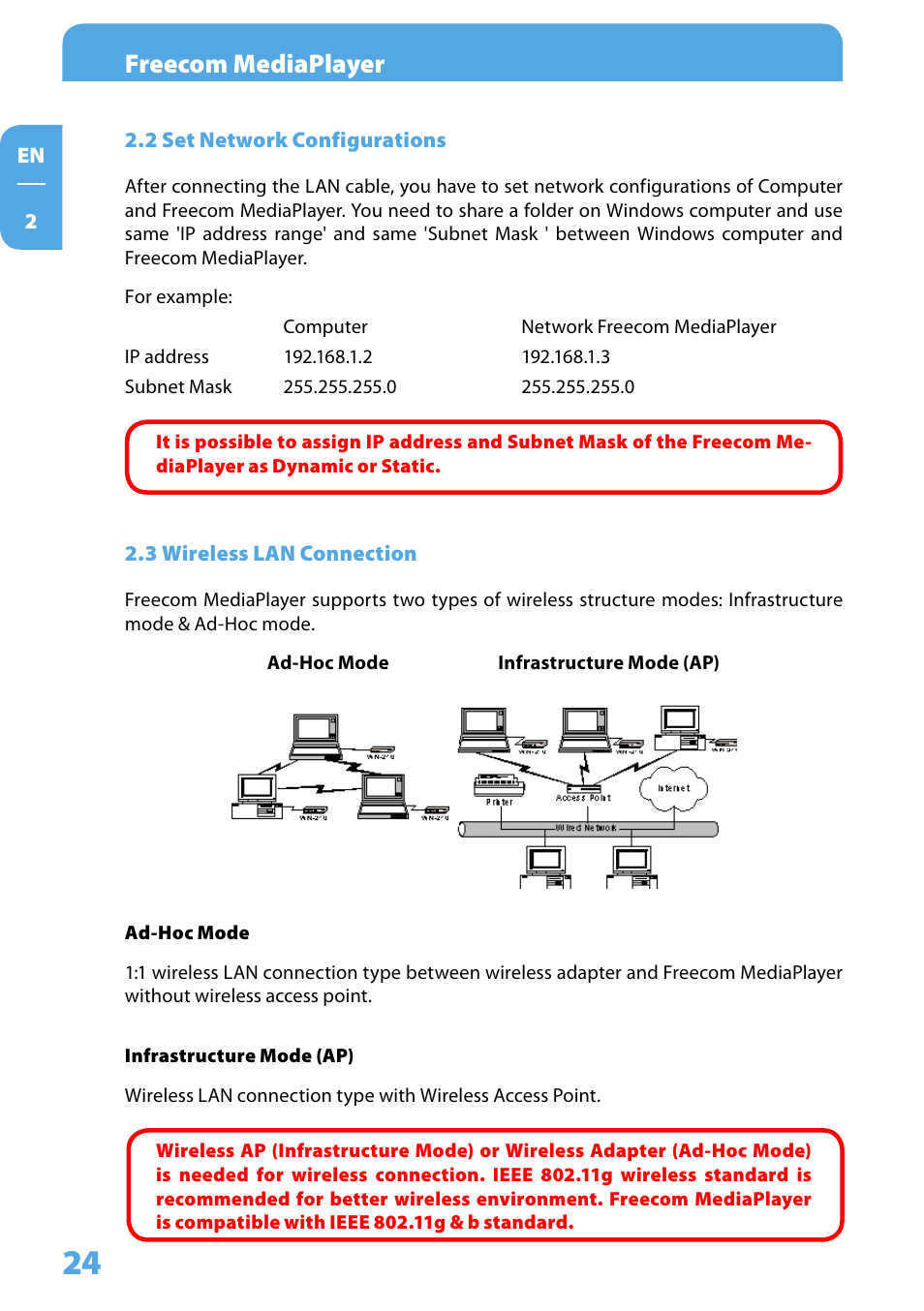 2 set network configurations, 3 wireless lan connection, Freecom mediaplayer | Freecom Technologies 350 User Manual | Page 24 / 107