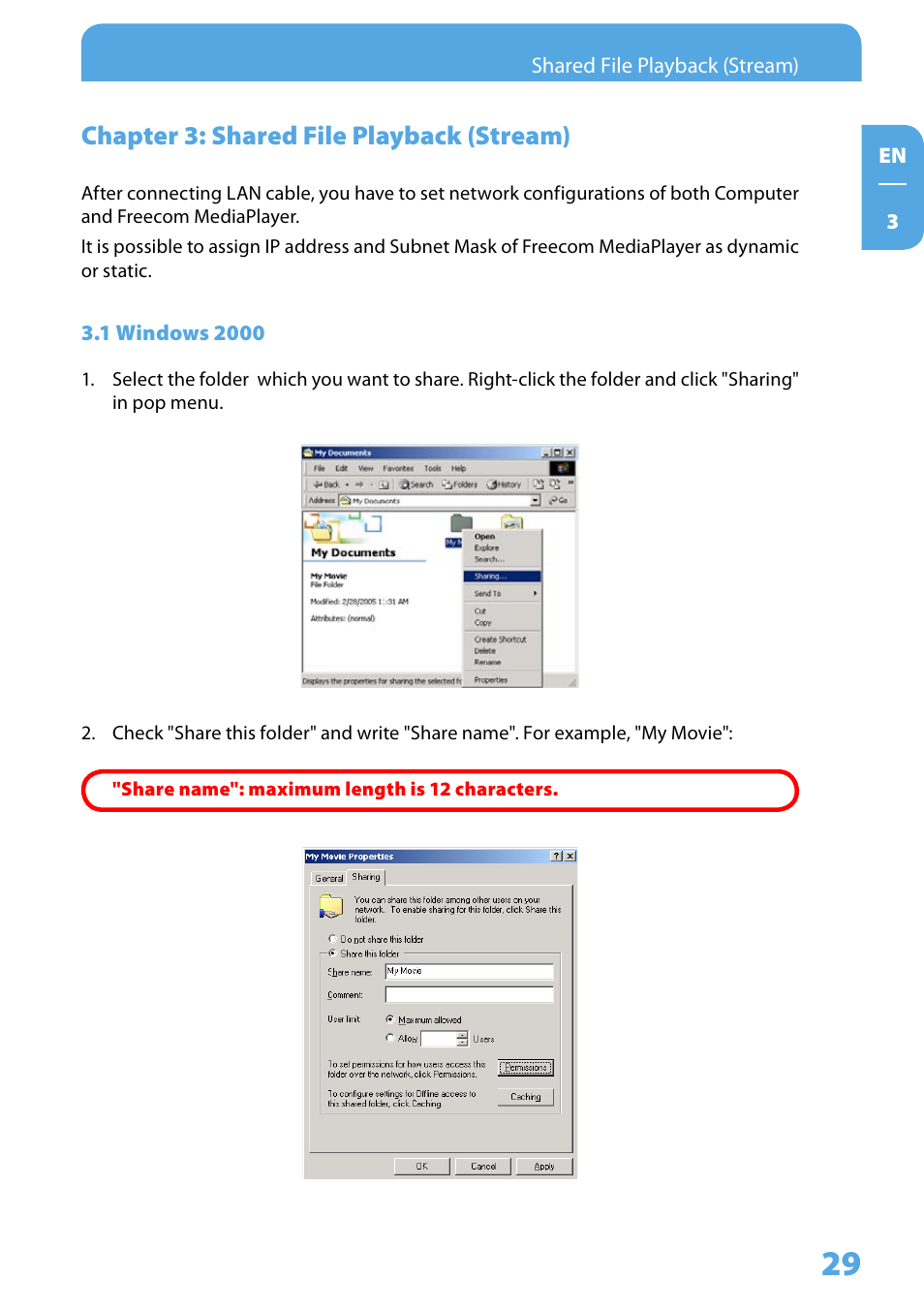 Chapter 3: shared file playback (stream), 1 windows 2000, Chapter : shared file playback (stream) | Freecom Technologies 350 User Manual | Page 29 / 107