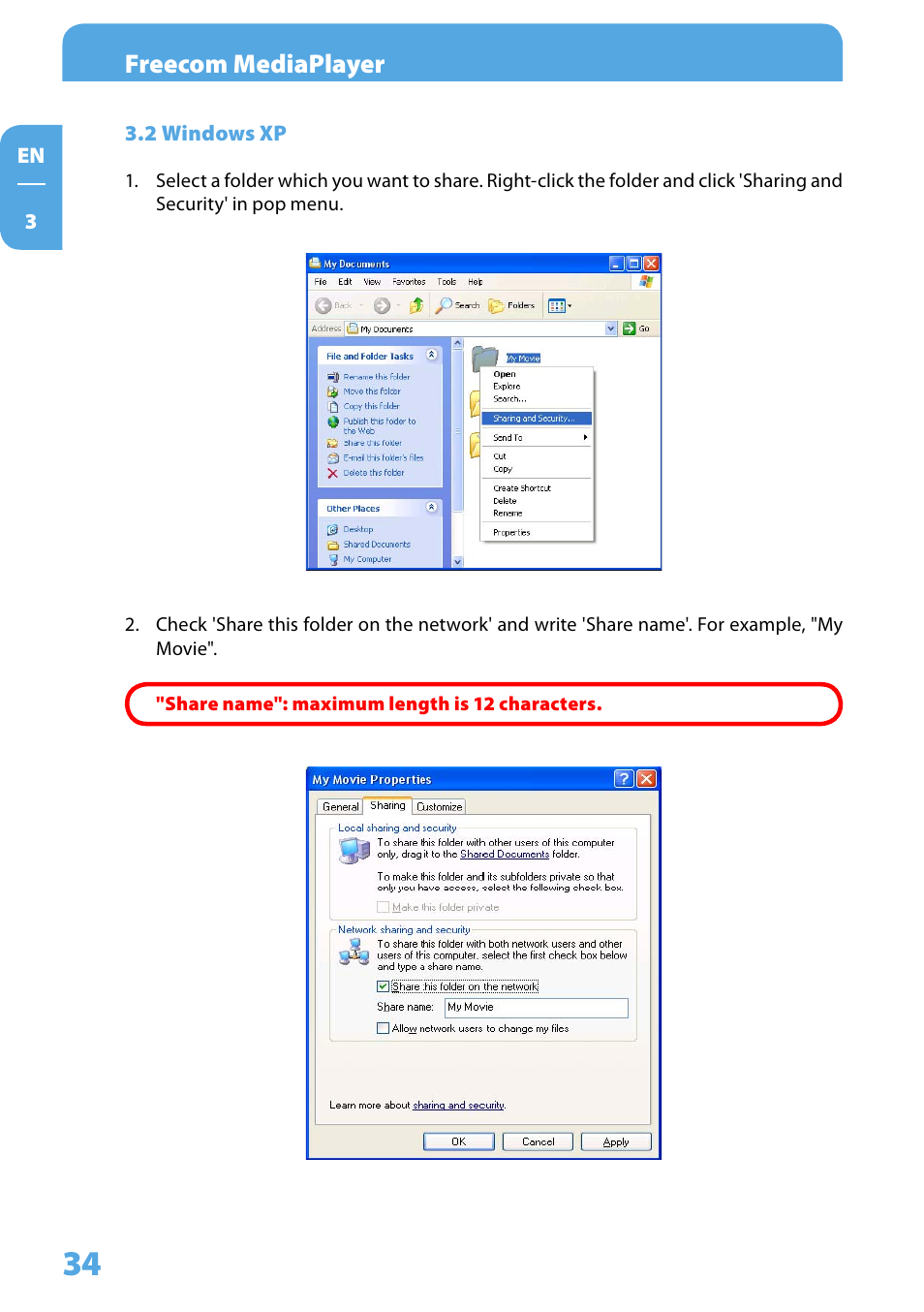 2 windows xp, Freecom mediaplayer | Freecom Technologies 350 User Manual | Page 34 / 107