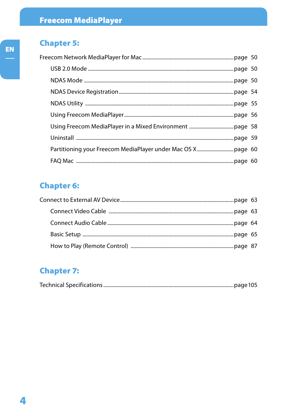Freecom mediaplayer, Chapter 5, Chapter 6 | Chapter 7 | Freecom Technologies 350 User Manual | Page 4 / 107