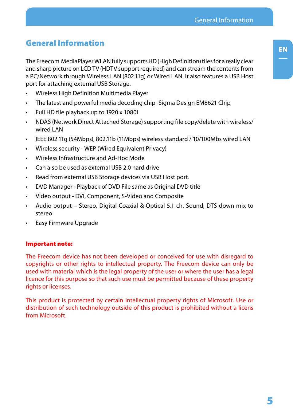 General information | Freecom Technologies 350 User Manual | Page 5 / 107