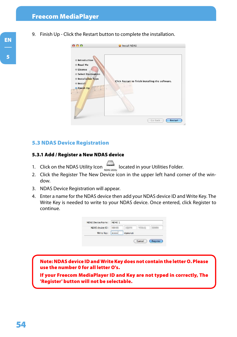 3 ndas device registration, 1 add / register a new ndas device, Freecom mediaplayer | Freecom Technologies 350 User Manual | Page 54 / 107