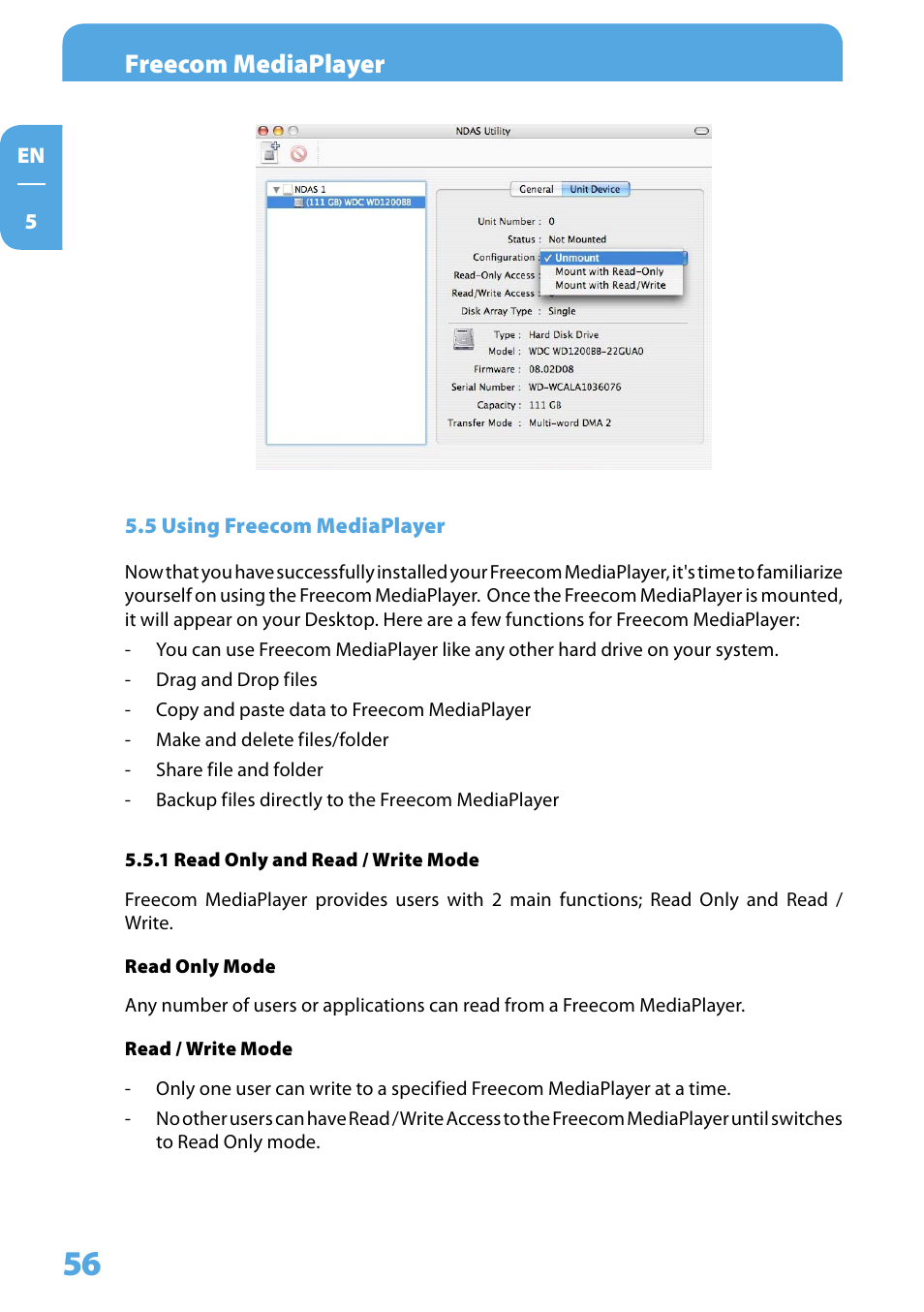 5 using freecom mediaplayer, 1 read only and read / write mode, Freecom mediaplayer | Freecom Technologies 350 User Manual | Page 56 / 107