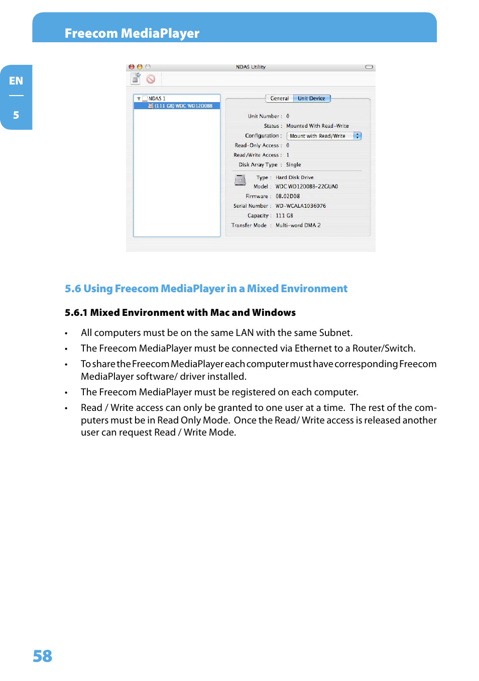 6 using freecom mediaplayer in a mixed environment, 1 mixed environment with mac and win, Freecom mediaplayer | Freecom Technologies 350 User Manual | Page 58 / 107