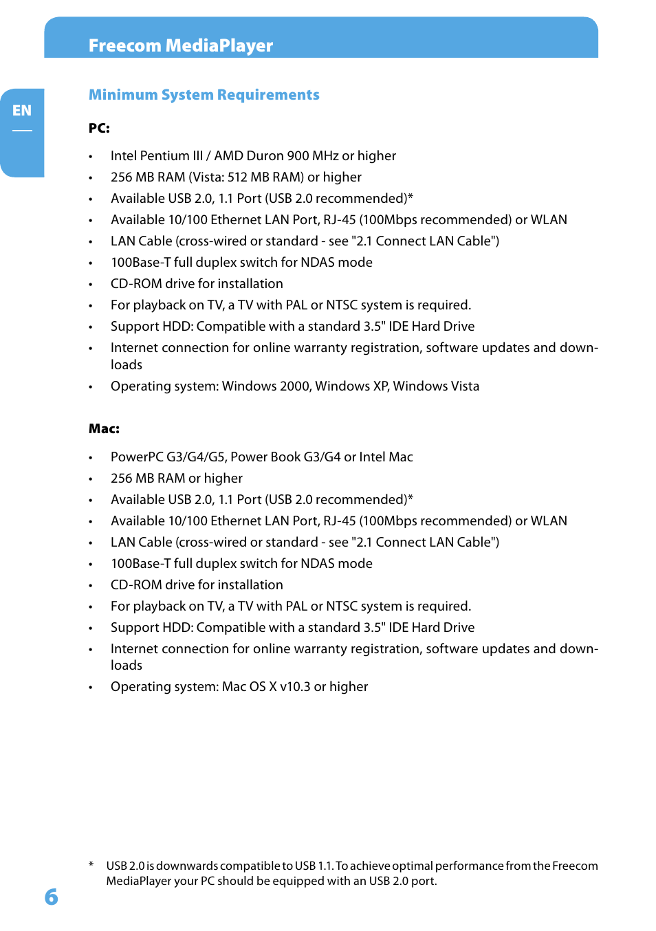 Minimum system requirements, Freecom mediaplayer | Freecom Technologies 350 User Manual | Page 6 / 107