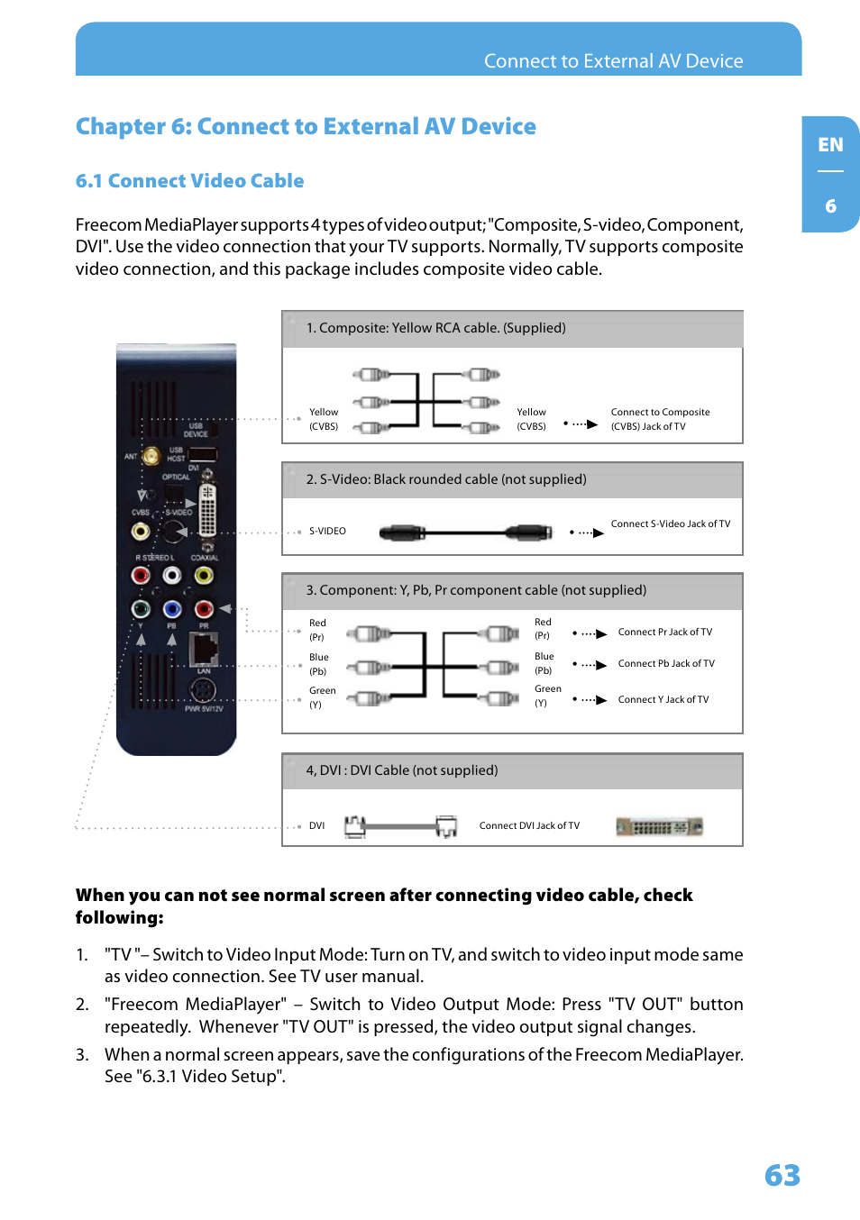Chapter 6: connect to external av device, 1 connect video cable, Connect to external av device en 6 | Freecom Technologies 350 User Manual | Page 63 / 107