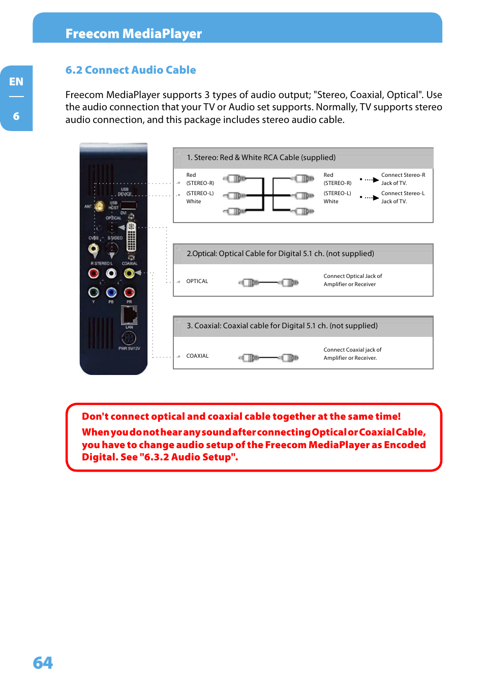 2 connect audio cable, Freecom mediaplayer, En 6 6. connect audio cable | Freecom Technologies 350 User Manual | Page 64 / 107