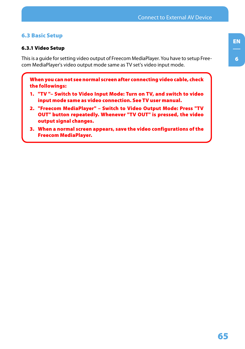 3 basic setup, 1 video setup | Freecom Technologies 350 User Manual | Page 65 / 107