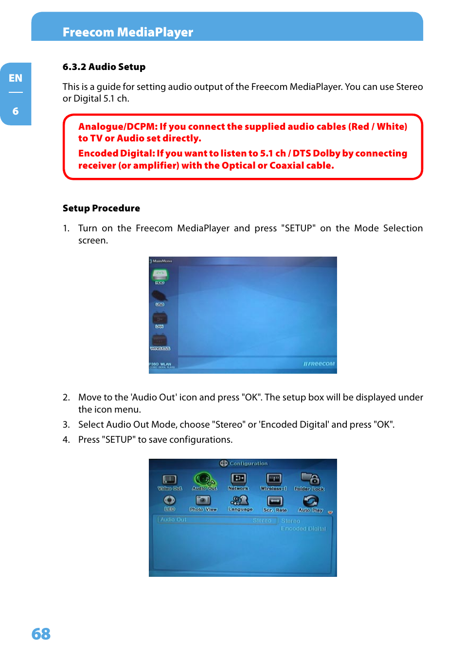 2 audio setup, Freecom mediaplayer | Freecom Technologies 350 User Manual | Page 68 / 107