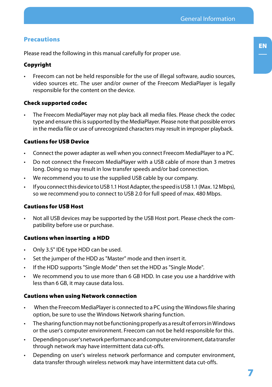 Precautions | Freecom Technologies 350 User Manual | Page 7 / 107