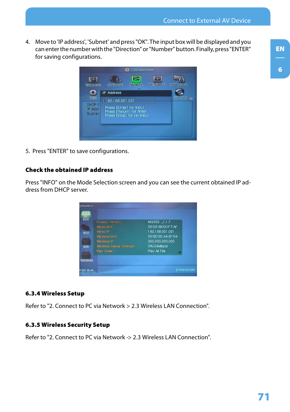 4 wireless setup, 5 wireless security setup | Freecom Technologies 350 User Manual | Page 71 / 107