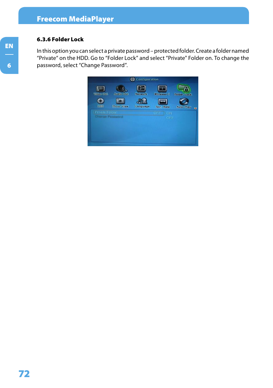 6 folder lock, Freecom mediaplayer | Freecom Technologies 350 User Manual | Page 72 / 107