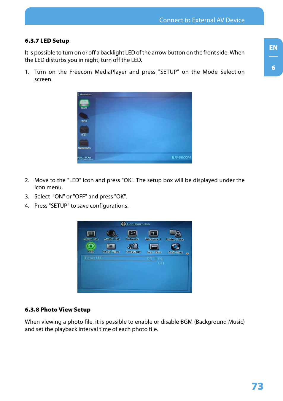 7 led setup, 8 photo view setup | Freecom Technologies 350 User Manual | Page 73 / 107