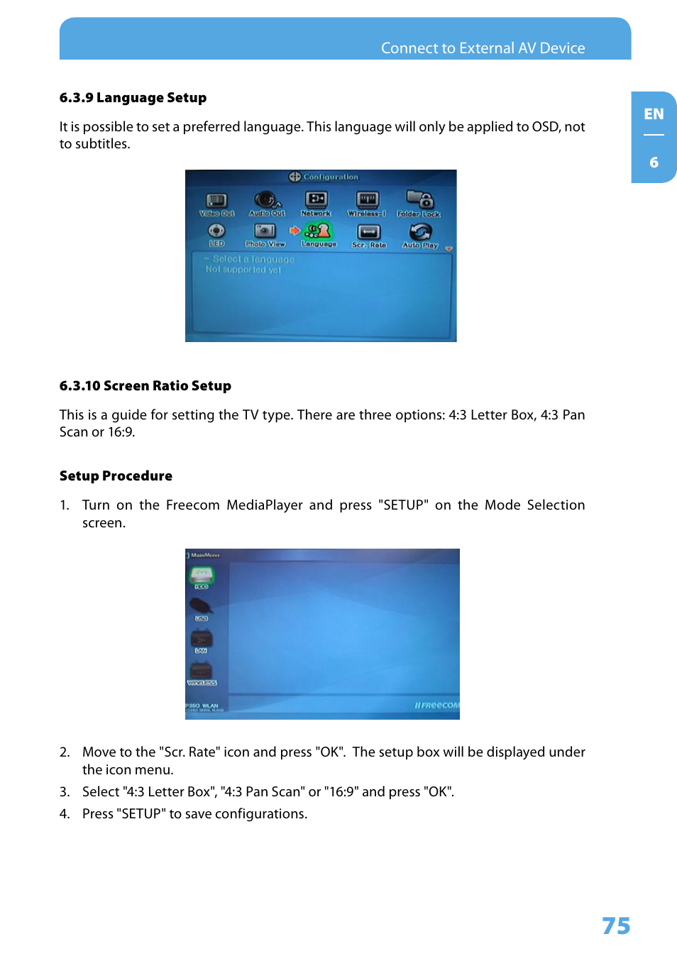 9 language setup, 10 screen ratio setup | Freecom Technologies 350 User Manual | Page 75 / 107