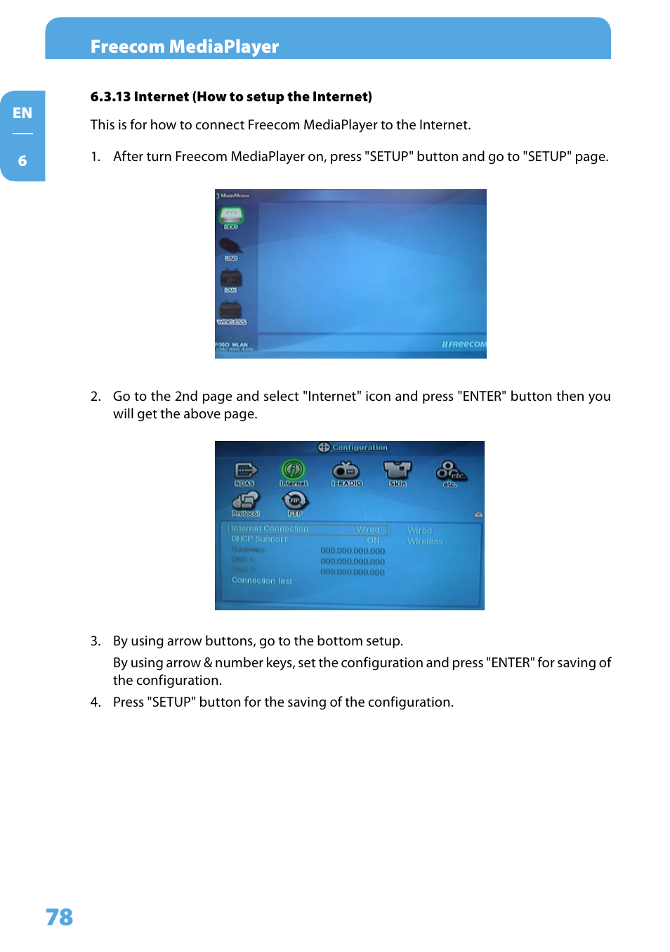 13 internet (how to setup the internet), Freecom mediaplayer | Freecom Technologies 350 User Manual | Page 78 / 107