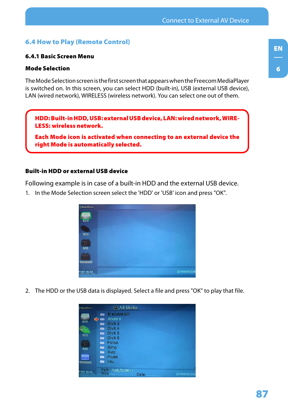 4 how to play (remote control), 1 basic screen menu | Freecom Technologies 350 User Manual | Page 87 / 107