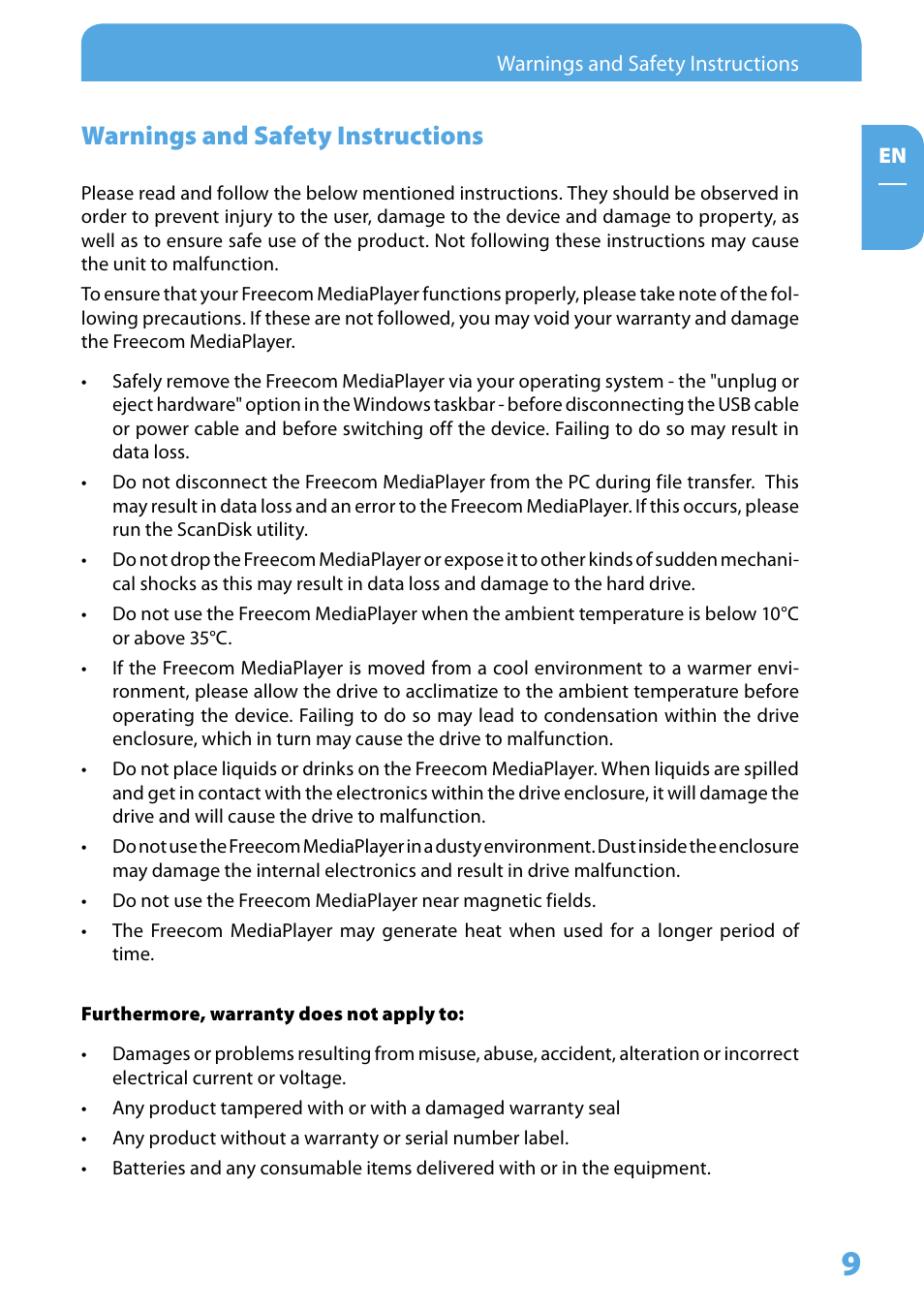 Warnings and safety instructions | Freecom Technologies 350 User Manual | Page 9 / 107