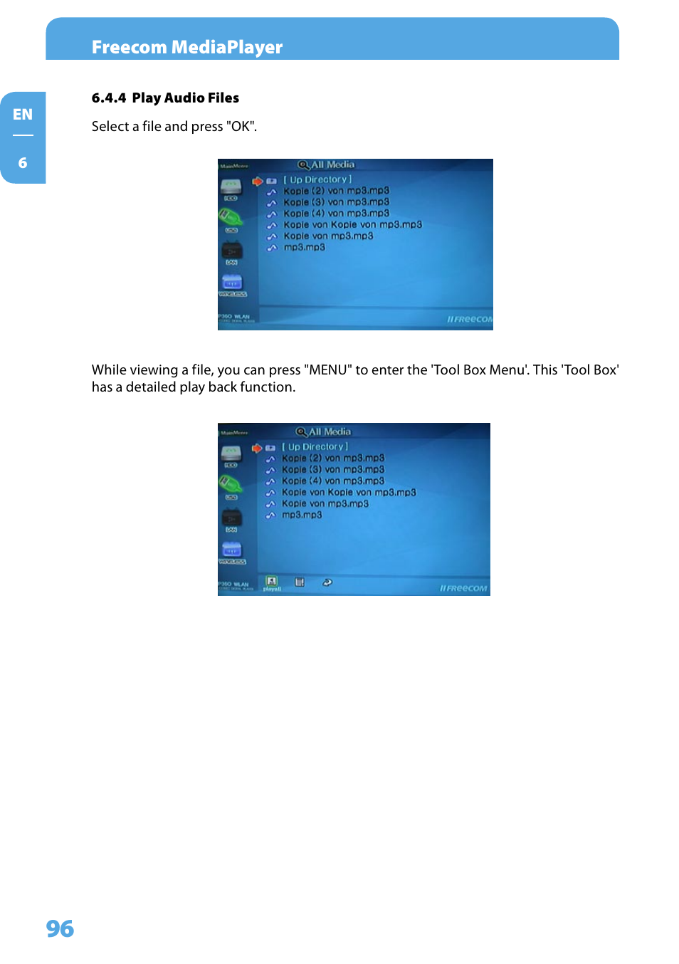4 play audio files, Freecom mediaplayer | Freecom Technologies 350 User Manual | Page 96 / 107