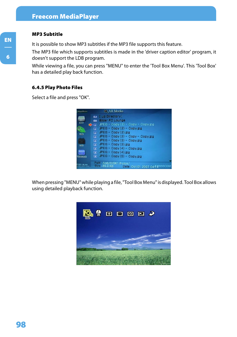 5 play photo file, Freecom mediaplayer | Freecom Technologies 350 User Manual | Page 98 / 107