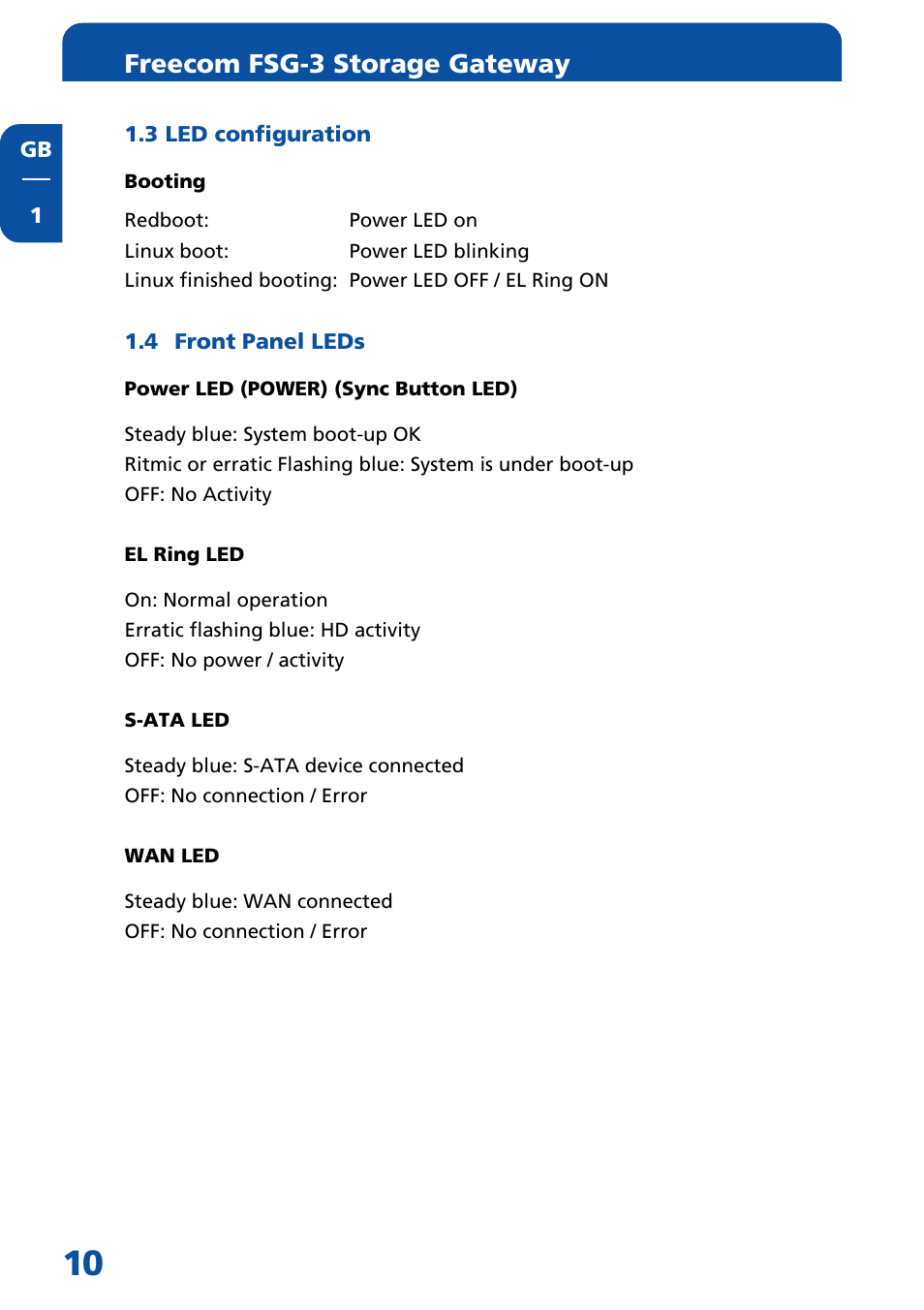 3 led configuration, 4 front panel leds, Freecom fsg-3 storage gateway | Freecom Technologies FSG-3 User Manual | Page 10 / 84