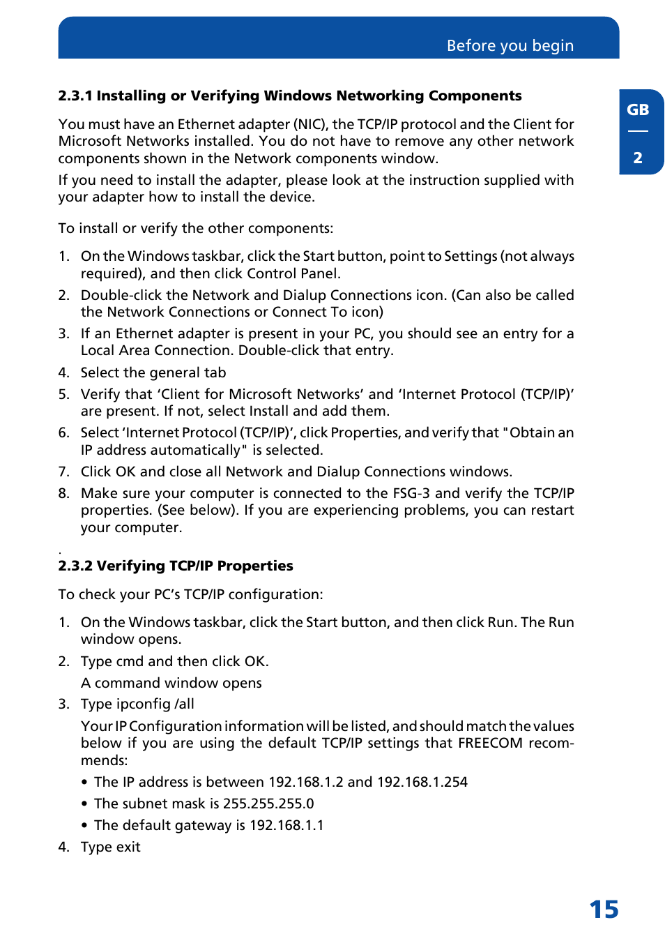 2 verifying tcp/ip properties | Freecom Technologies FSG-3 User Manual | Page 15 / 84