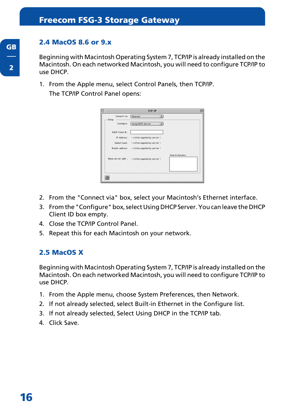 3 configuring the macintosh for ip networking, 4 macos 8.6 or 9.x, 5 macos x | Freecom fsg-3 storage gateway | Freecom Technologies FSG-3 User Manual | Page 16 / 84